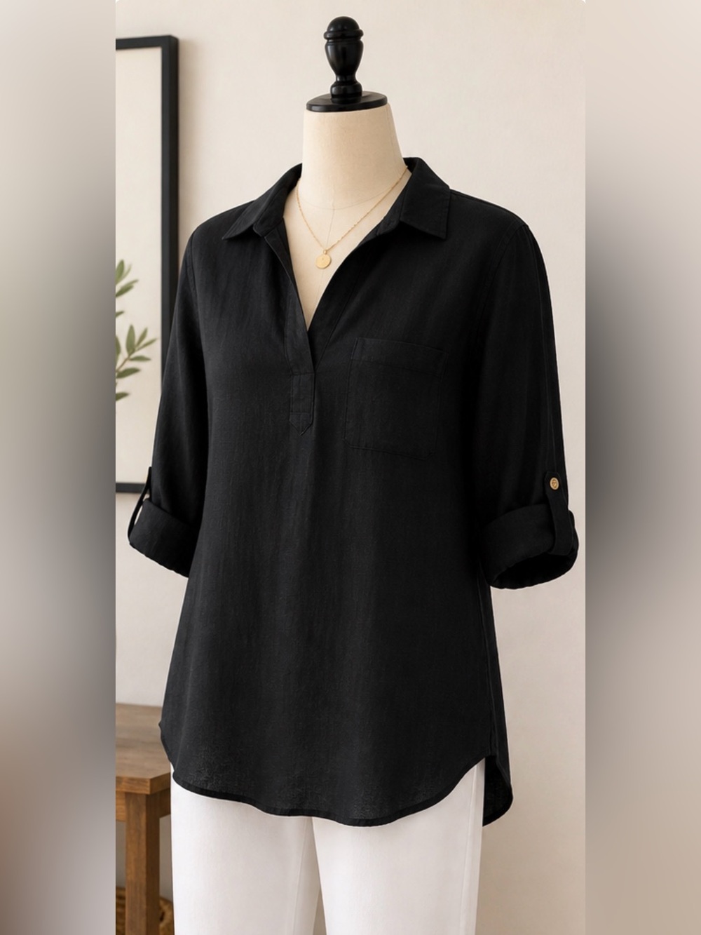 Ellen Tracy 100% Linen Black Tunic Top XL NWT Minimalist Capsule